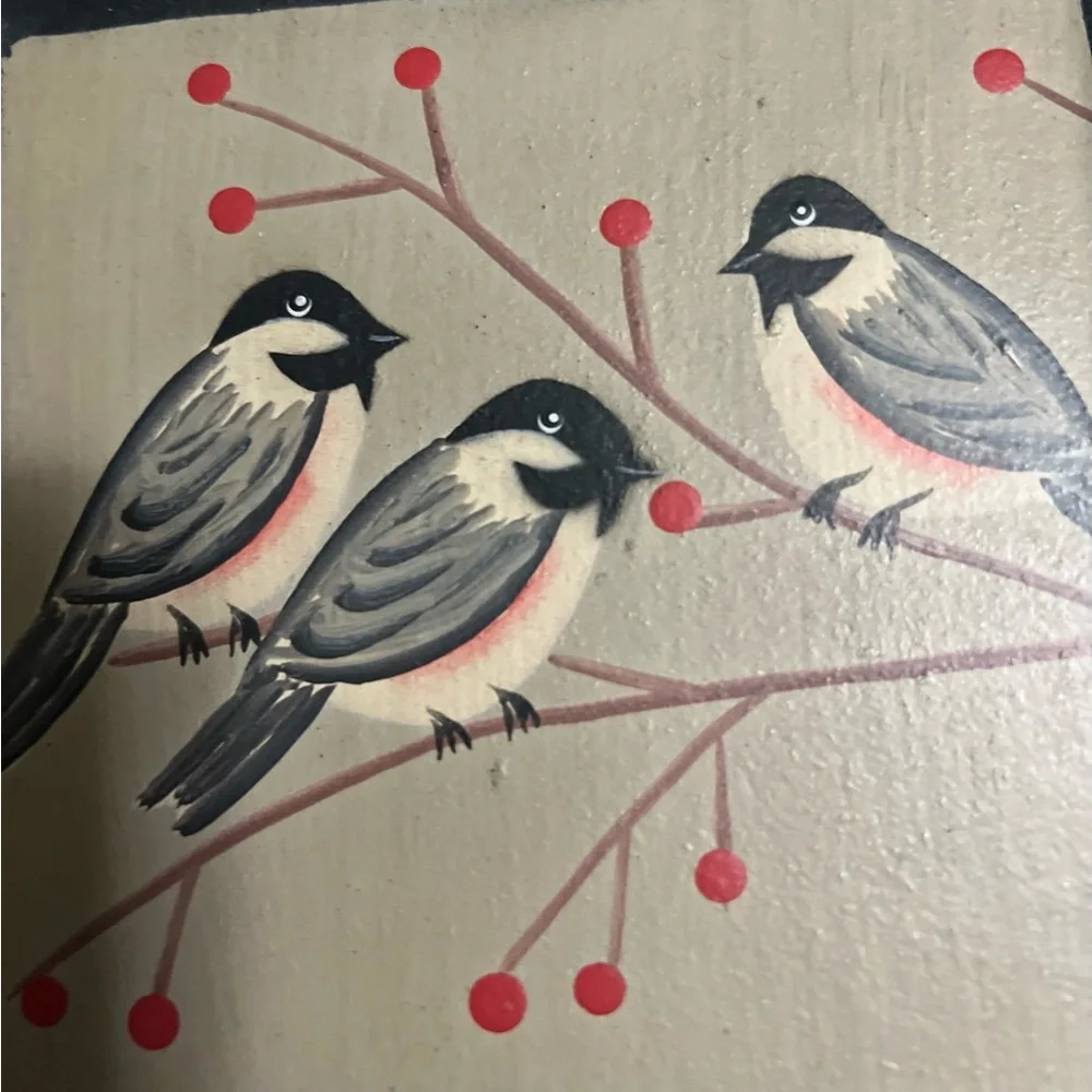 Donna White Square Decorative Hand Painted Wooden Plate Birds Artist Signed Vtg